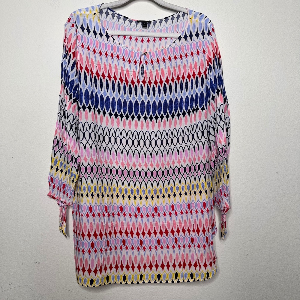 Talbots Woman X Tunic Top Pink Blue Geometric Print‎ 3/4 Tie Sleeve Rayon Blouse